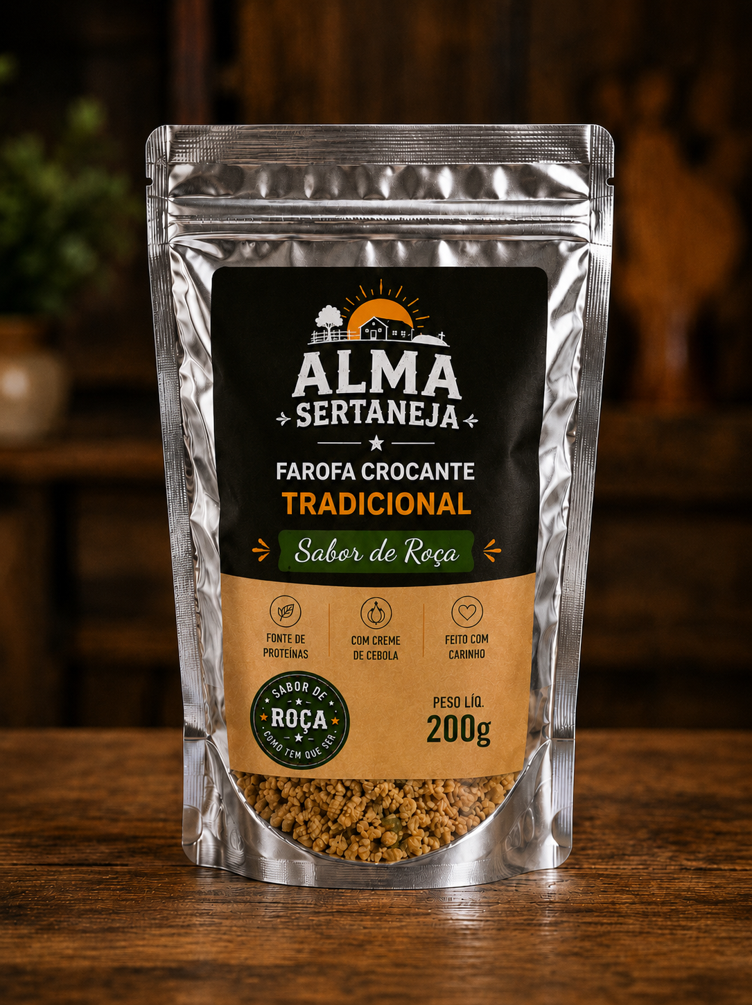 Embalagem da farofa crocante tradicional Alma Sertaneja.